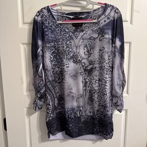 French Blue Top Women's Small Blue Gray Beaded Sparkle Gathered Sleeve Paisley